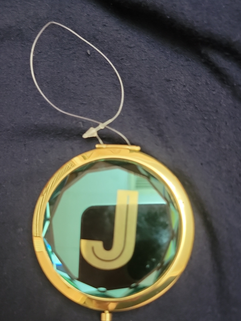Gold and Teal Compact Mirror with J Monogram - Elegant Pocket Accessory
